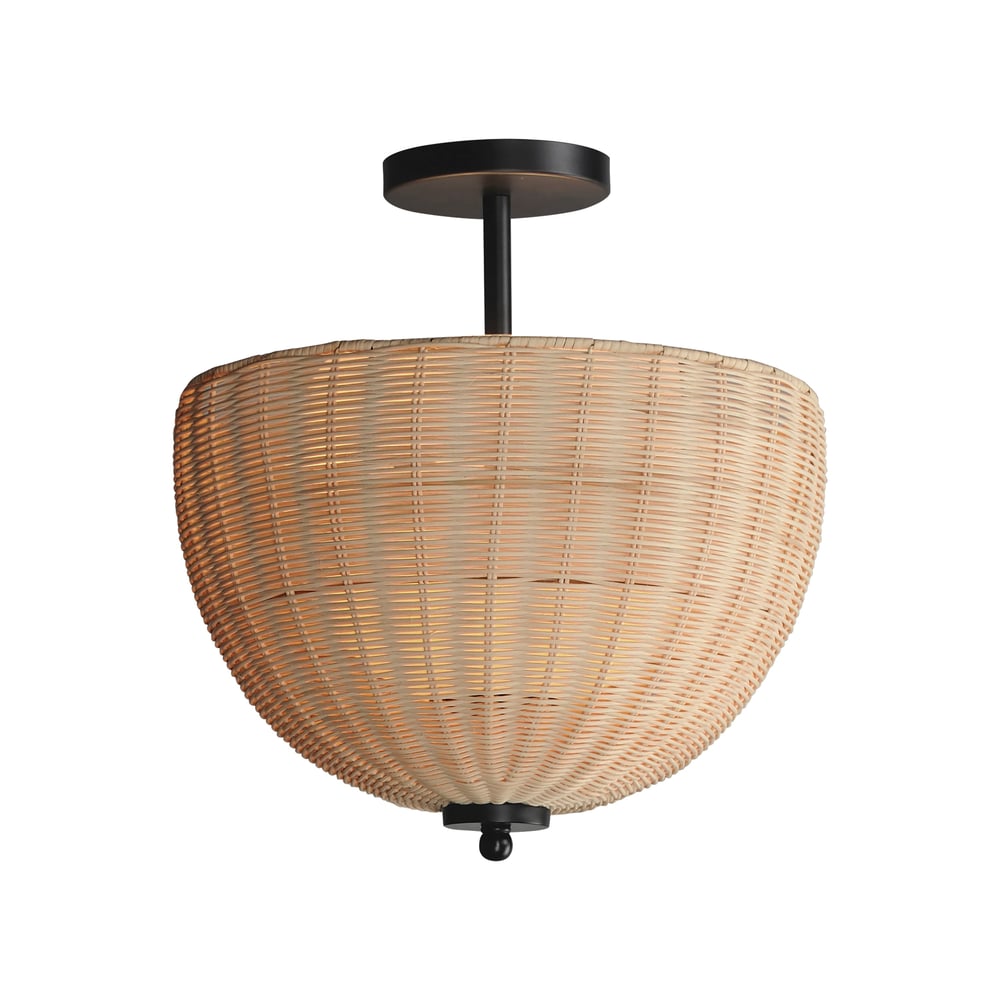 Maxim Lighting Maldives Ceiling Light/Pendant featuring a Black Steel frame with Rattan accents and Glass shade, creating a modern, tropical aesthetic.
