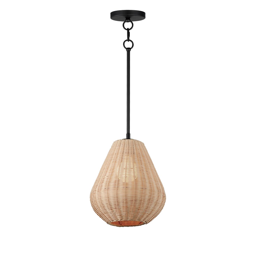 Maxim Lighting Maldives Pendant featuring a Steel frame with Black finish, Rattan accents, and Glass shade, elegantly suspended for a modern look.