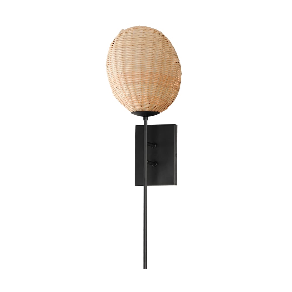 Maxim Lighting Maldives Wall Sconce featuring a Steel frame with Black finish, Rattan accent, and Glass shade, mounted on a wall.