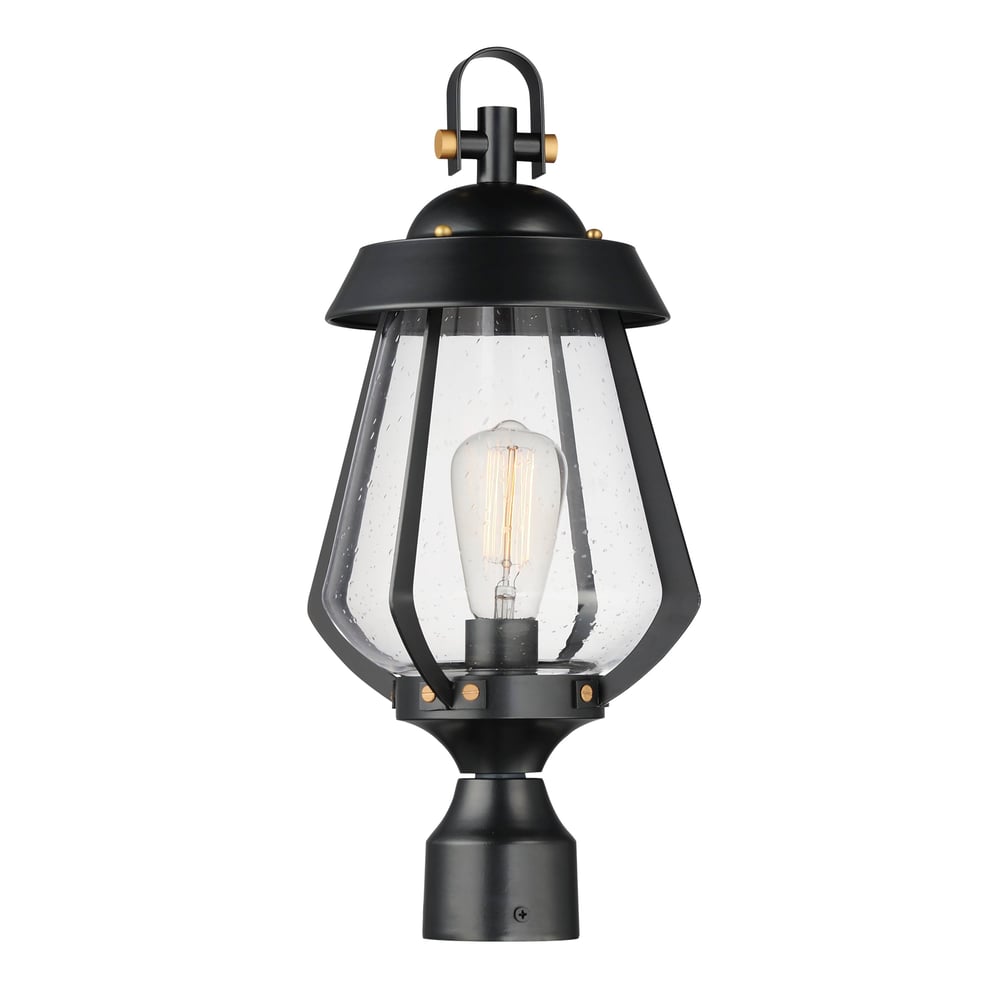 Maxim Lighting Mariner Outdoor Post Mount in Black with Antique Brass finish, featuring a classic lantern design made of aluminum and stainless steel.