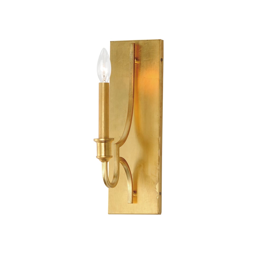 Maxim Lighting Normandy Wall Sconce in Gold Leaf finish, featuring a steel frame with elegant curves and a single bulb encased in a clear glass shade.