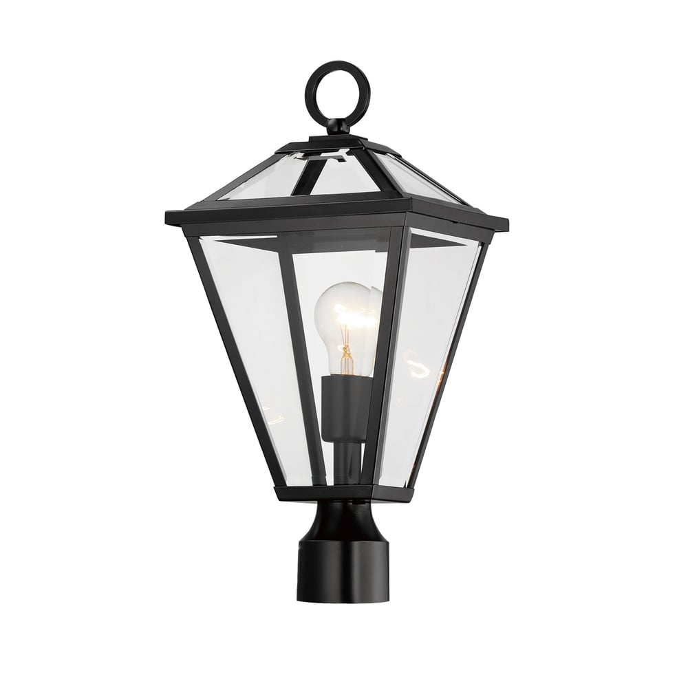 Maxim Lighting Prism Outdoor Post Light in Black finish, featuring a sleek steel frame with a geometric design, illuminating a garden path at dusk.