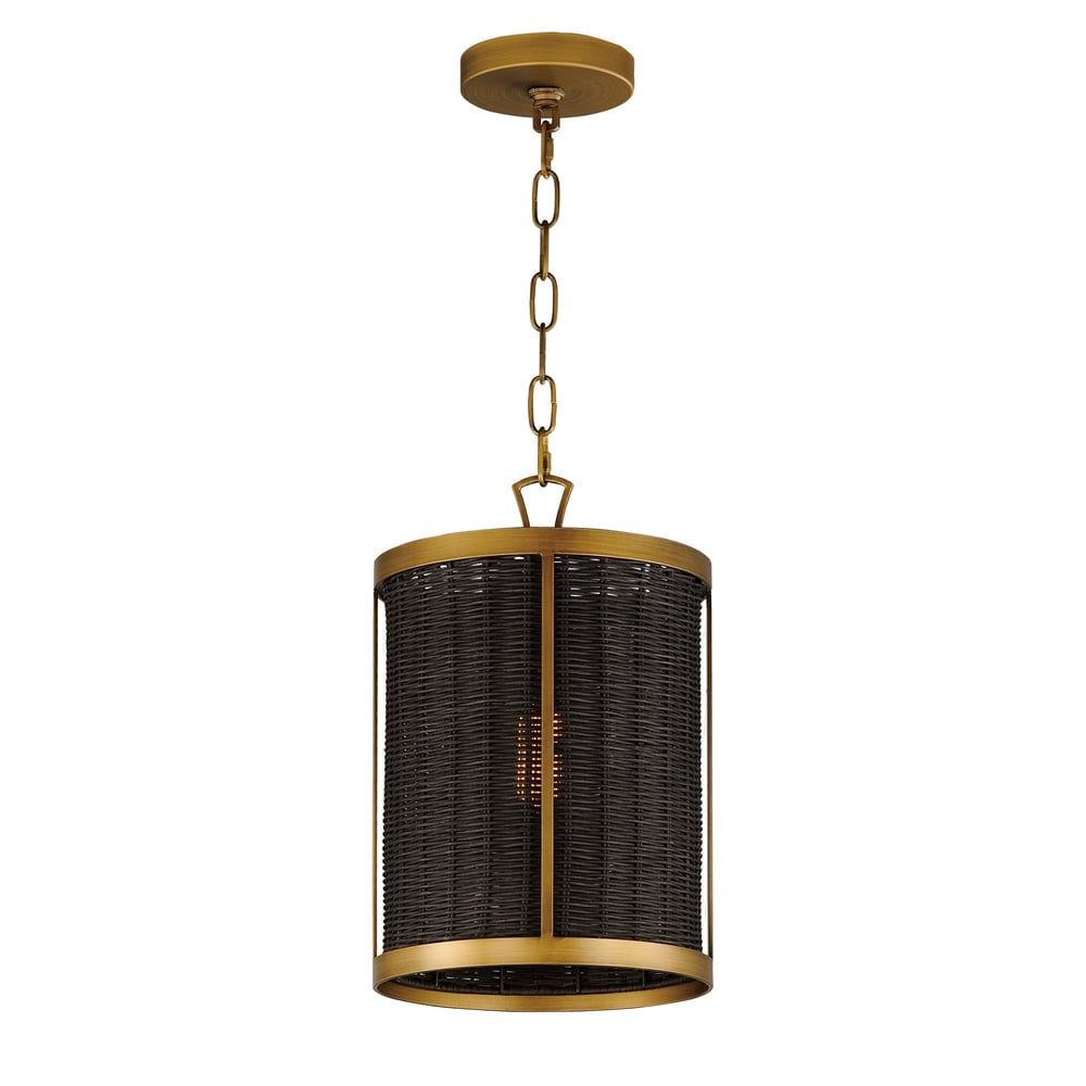 Maxim Lighting Rattan Pendant in Natural Aged Brass finish, featuring a Steel and Rattan design, hanging from the ceiling, casting a warm glow.