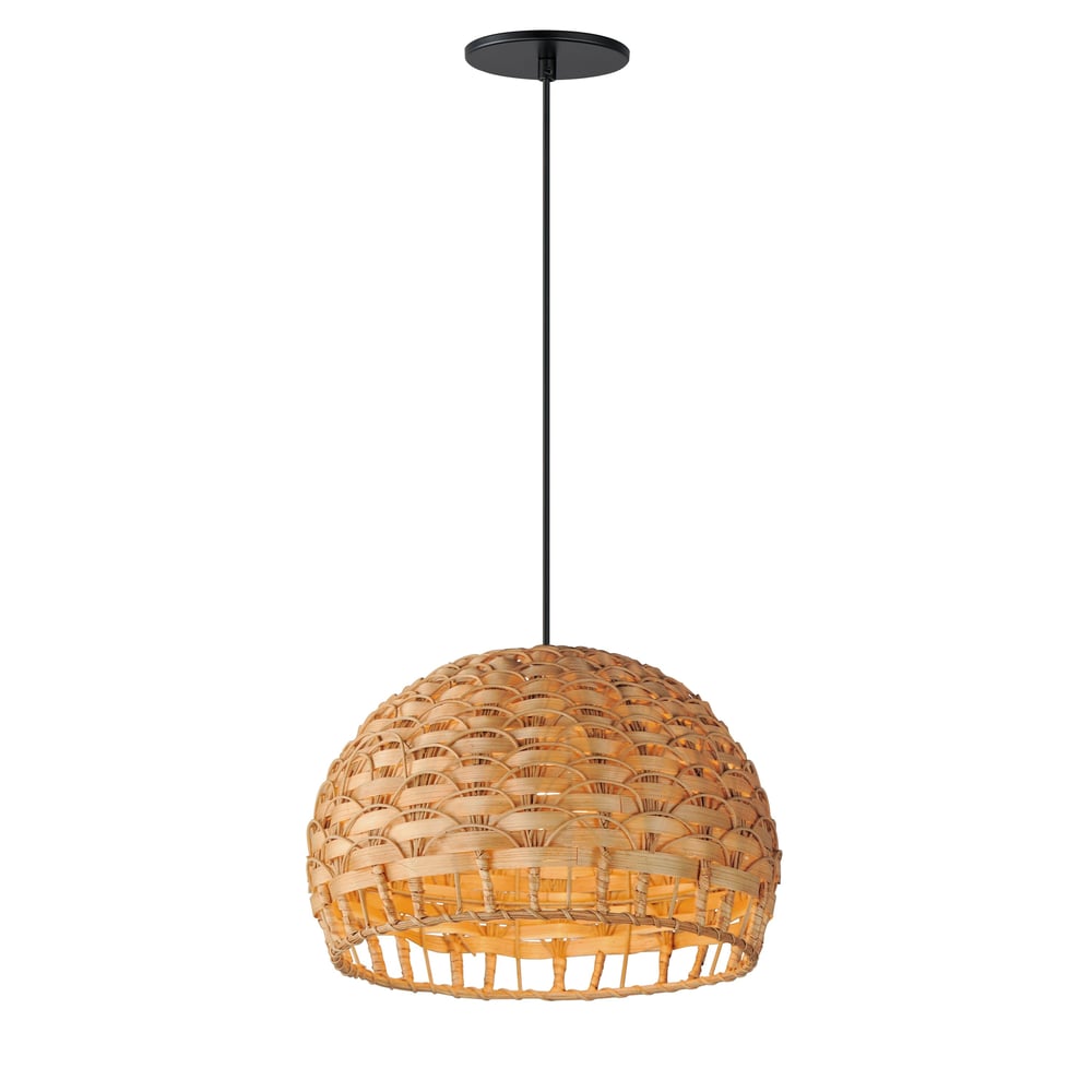 Maxim Lighting Tahiti Pendant featuring a black steel frame with bamboo and rattan accents, hanging elegantly from the ceiling.