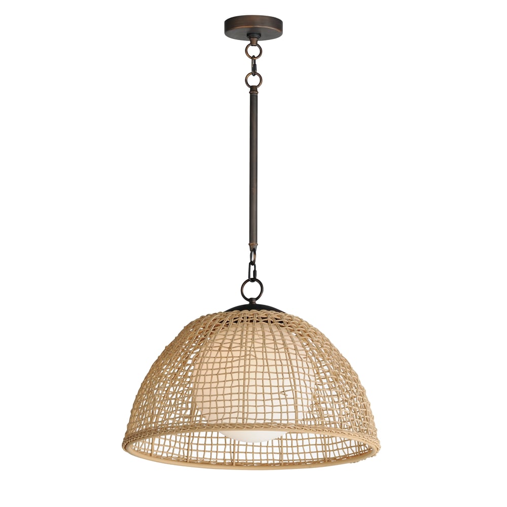 Maxim Lighting Cestino Dome Pendant in Antique Bronze, featuring steel, rattan, and glass for a stylish illumination.