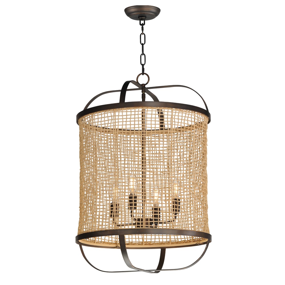 Maxim Lighting Cestino Tall Pendant in Antique Bronze, featuring a stylish design of steel and rattan for modern interiors.