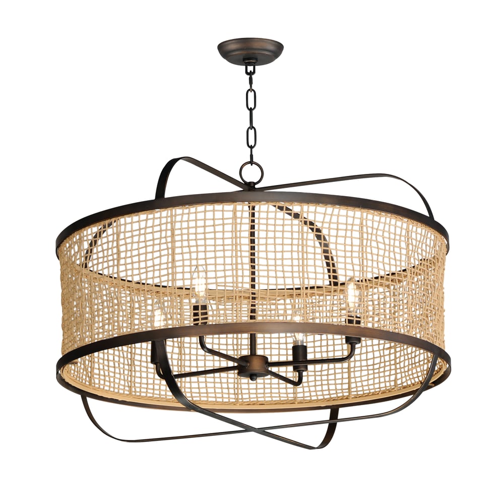 Maxim Lighting Cestino Drum Pendant in Antique Bronze, featuring a stylish design with steel and rattan materials.
