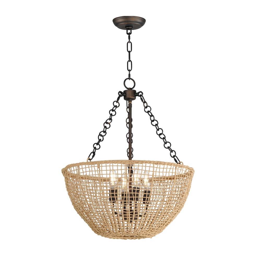 Maxim Lighting Cestino Pendant in Antique Bronze, featuring steel and rattan for a stylish, modern look.
