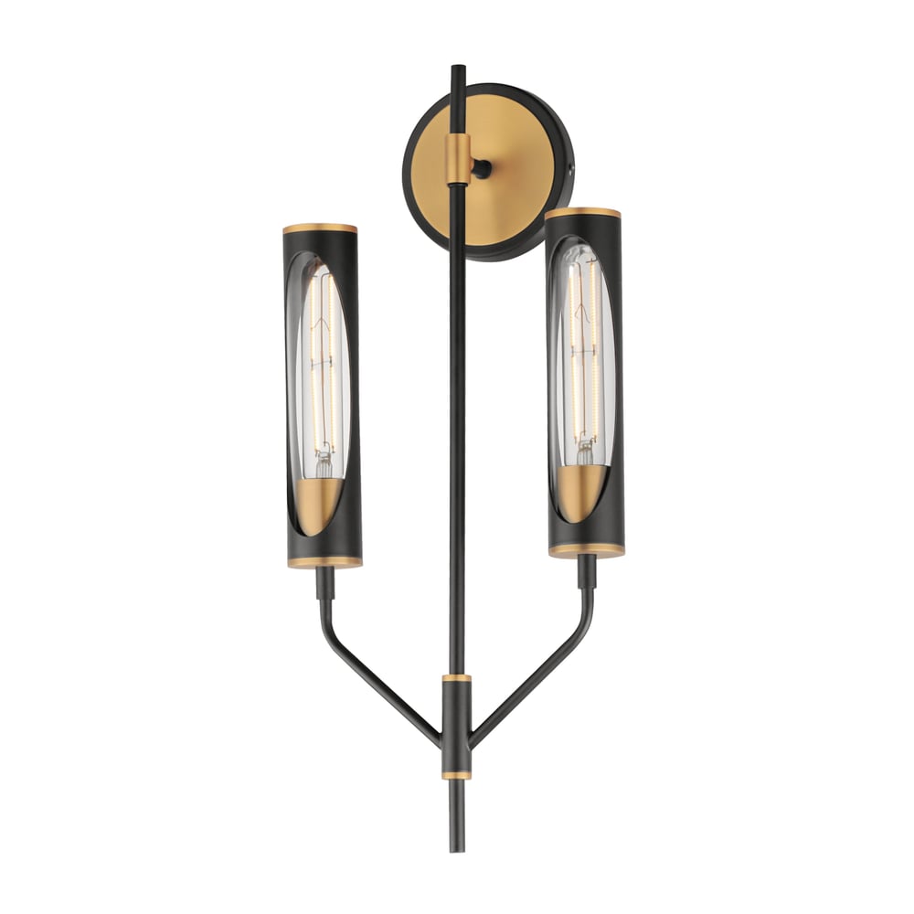Maxim Lighting Regent Wall Sconce in Black with Antique Brass finish, featuring a sleek steel frame and glass shade, mounted on a wall.