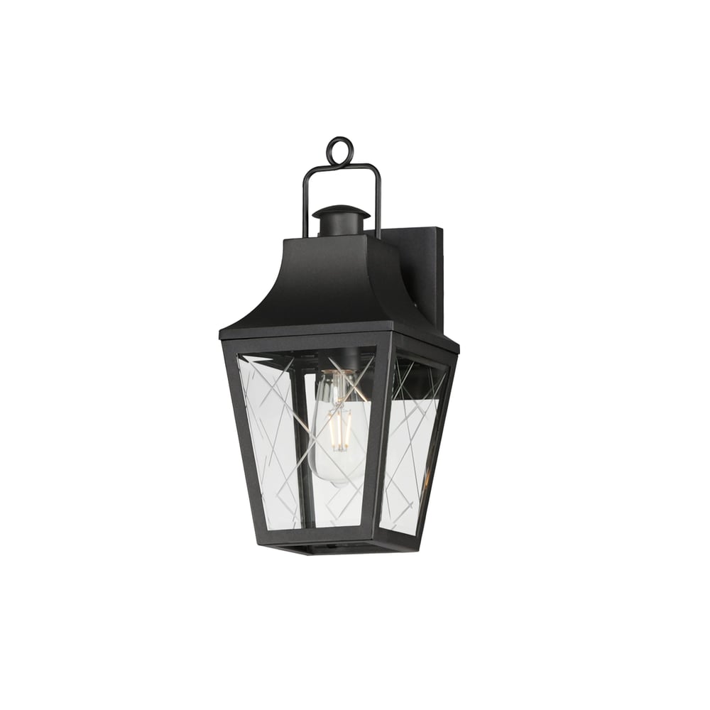 Maxim Lighting Storybook Outdoor Wall Sconce in Black Aluminum with Glass panels, featuring a classic lantern design mounted on a wall.
