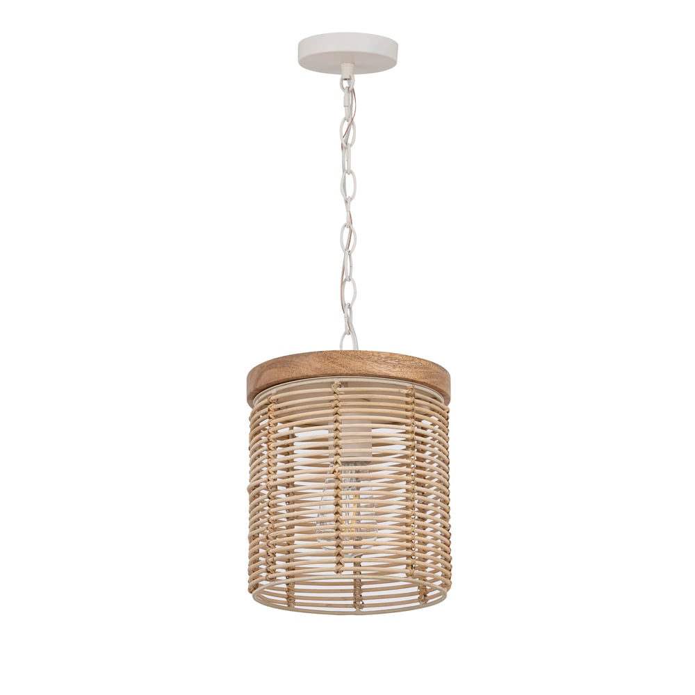 Maxim Lighting Vannerie Pendant: A stylish rattan and steel light fixture with an ecru finish, hanging elegantly from the ceiling.