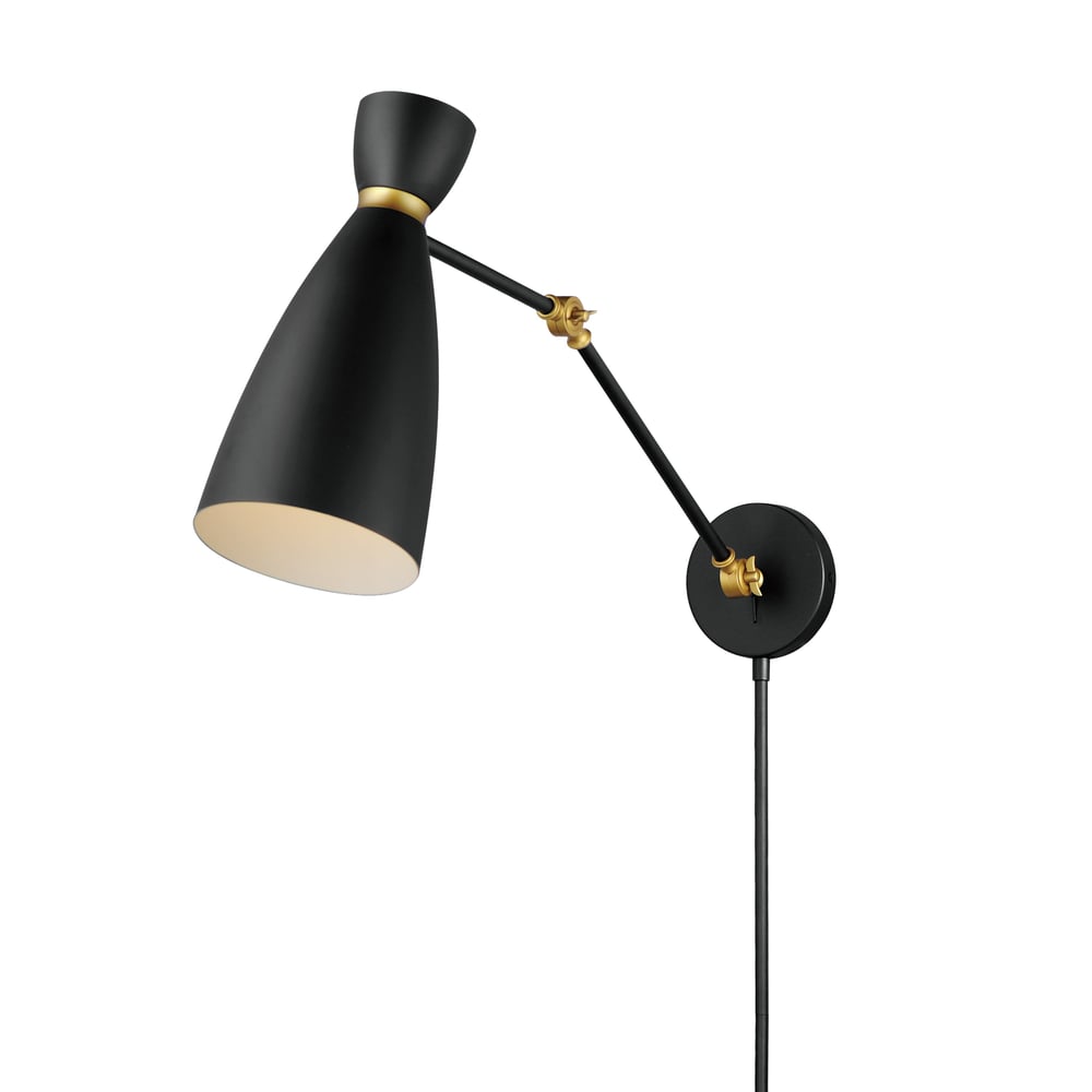 Maxim Lighting Carillon Articulating Wall Sconce in Black with Satin Brass, crafted from durable aluminum and steel.