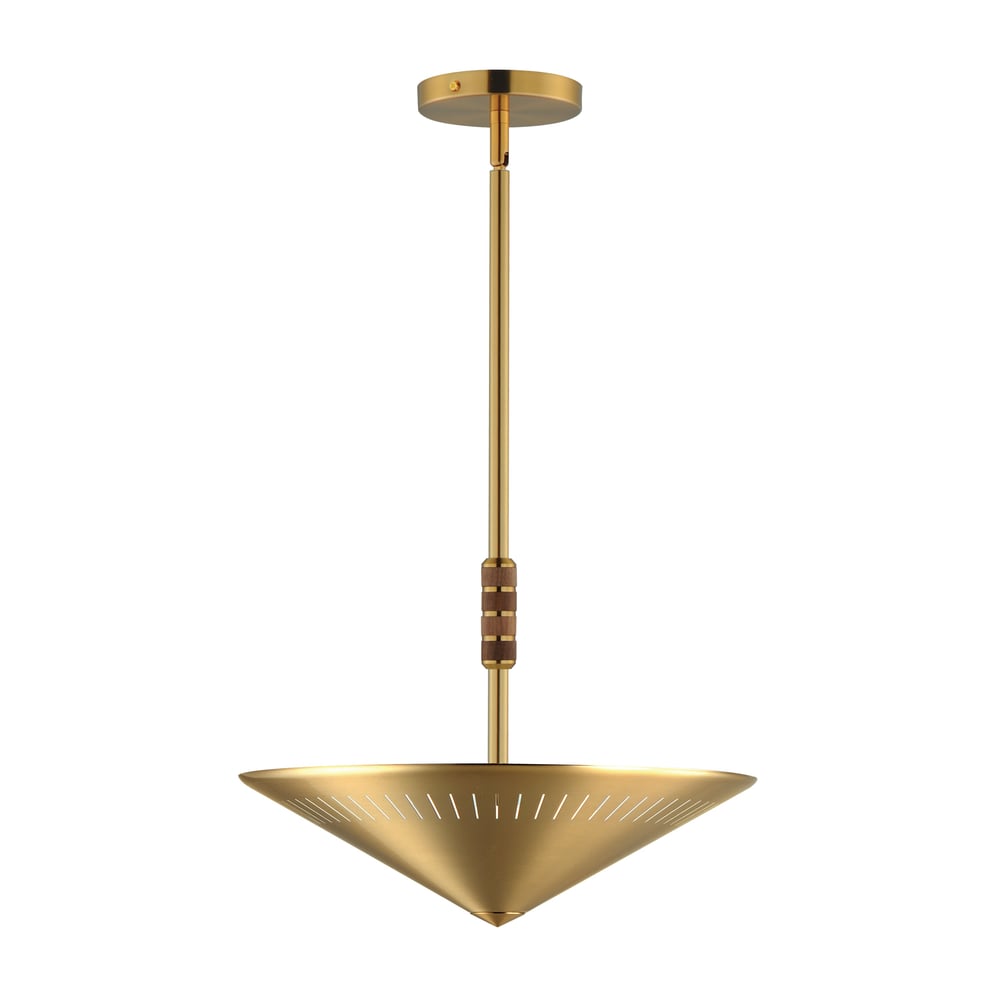 Maxim Lighting Helsinki Pendant in Natural Aged Brass finish, featuring a sleek design with a Steel and Wood structure, elegantly hanging from the ceiling.