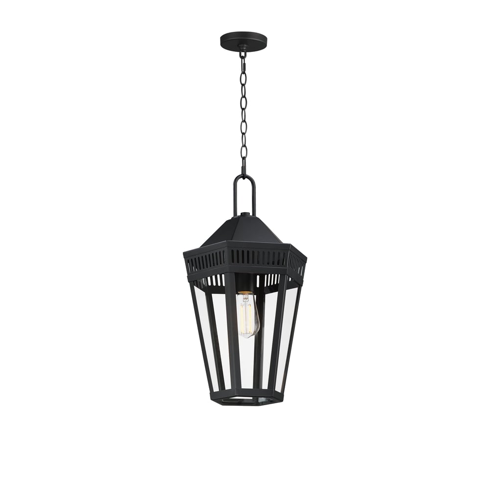 Maxim Lighting Oxford Outdoor Pendant in Black finish, featuring a Steel frame with clear Glass panels, hanging from a chain, illuminating a patio area.