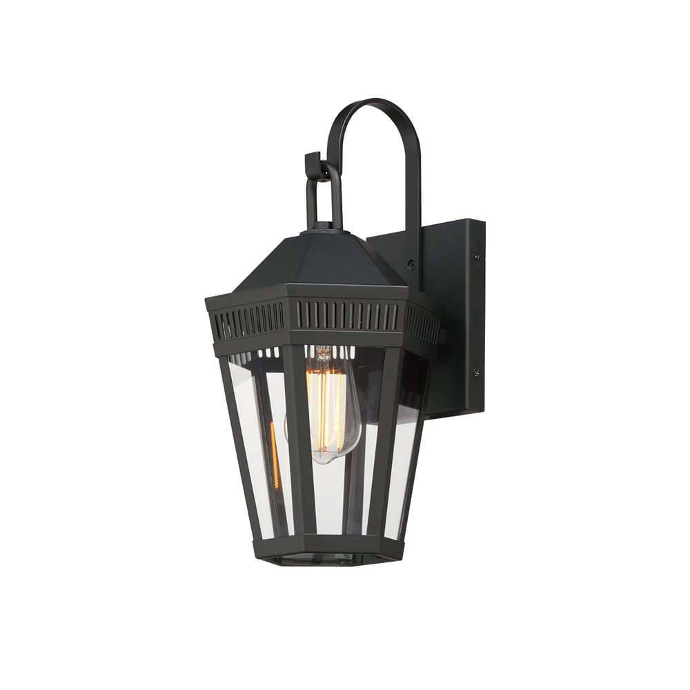 Maxim Lighting Oxford Outdoor Wall Sconce in Black finish with Steel and Glass materials, mounted on a brick wall, illuminating the outdoor space.