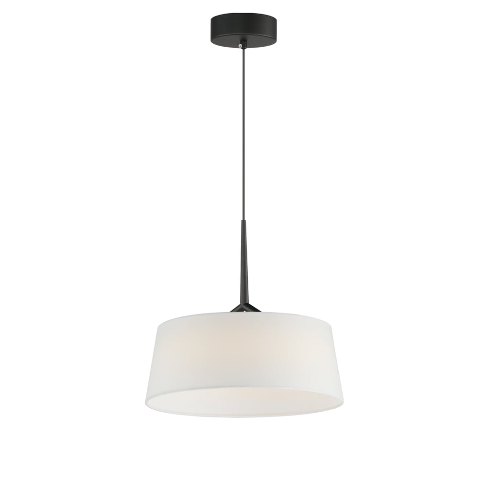 Maxim Lighting Paramount Pendant in black finish with a steel frame and linen shade, hanging elegantly from the ceiling, illuminating the space.
