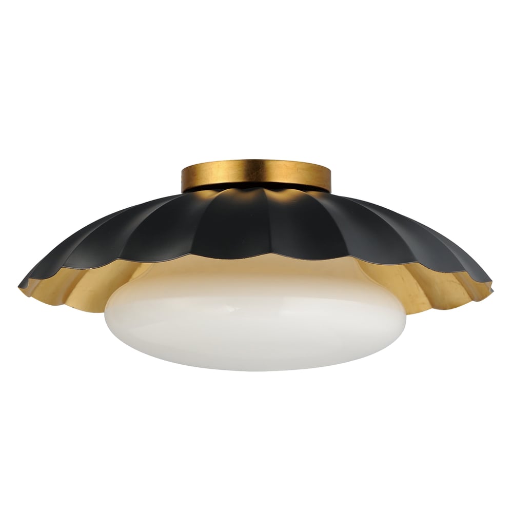 Maxim Lighting Primrose Flush Mount with Black and Gold Leaf finish, featuring a Steel frame and Glass shade, elegantly illuminates the space.