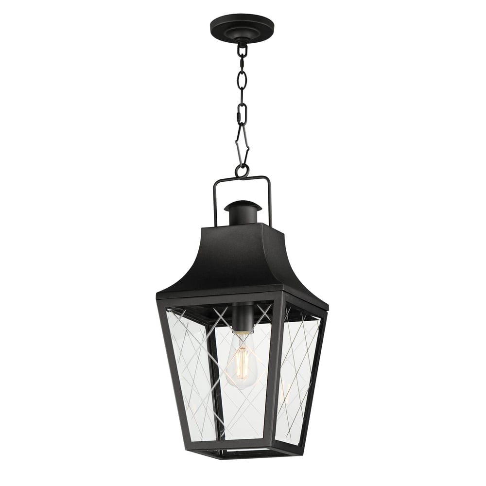 Maxim Lighting Storybook Outdoor Pendant in Black finish, featuring an Aluminum frame and Glass panels, hanging against a neutral background.