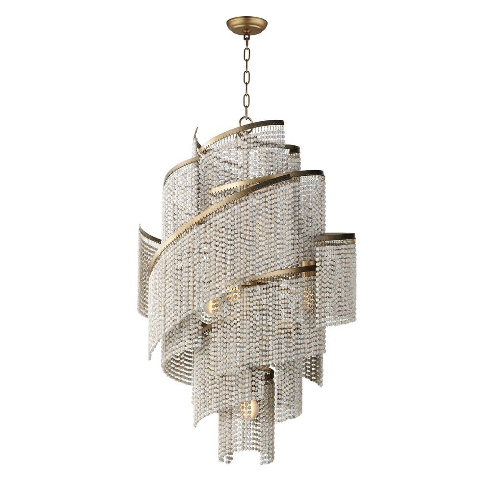 Fontaine Chandelier by Maxim Lighting, featuring a Golden Silver finish with Steel frame and cascading Wood Beads, elegantly illuminating the space.