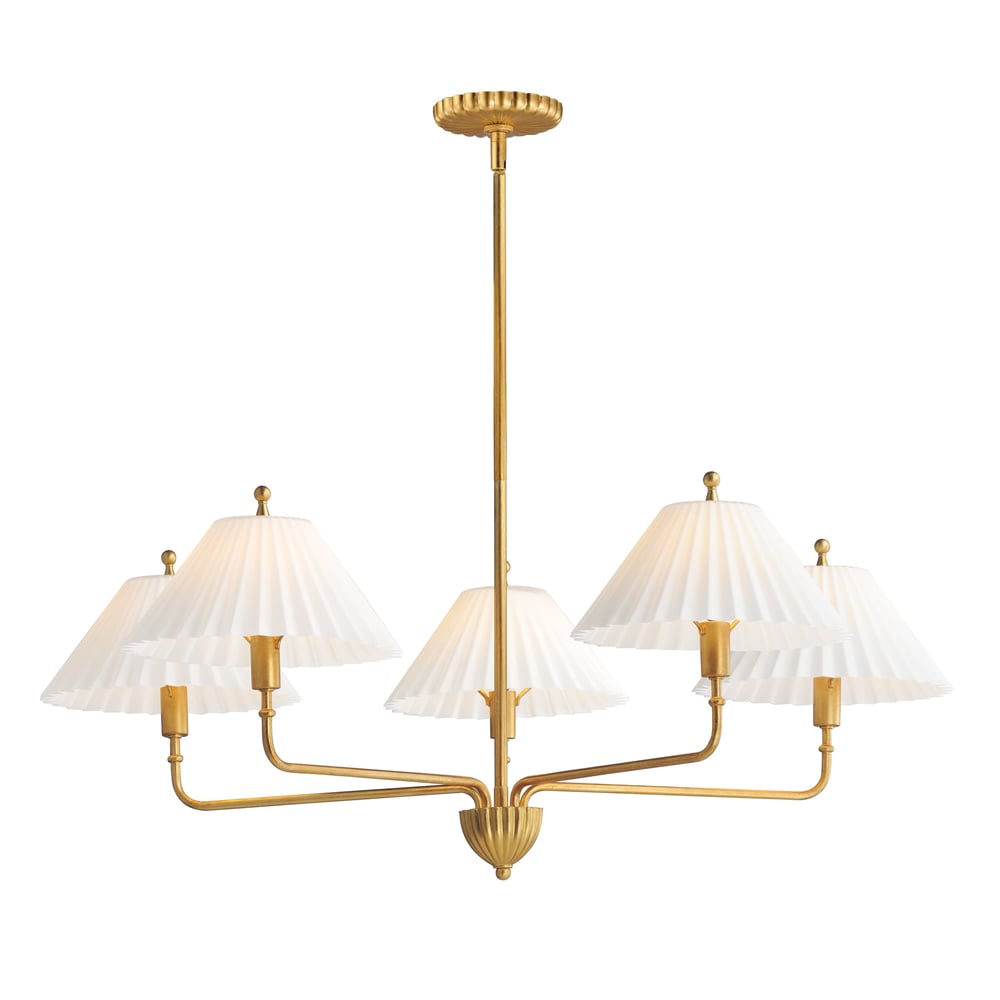 Maxim Lighting Kismet Chandelier with a Gold Leaf finish, featuring a modern design with steel and glass elements, elegantly hanging in a room.