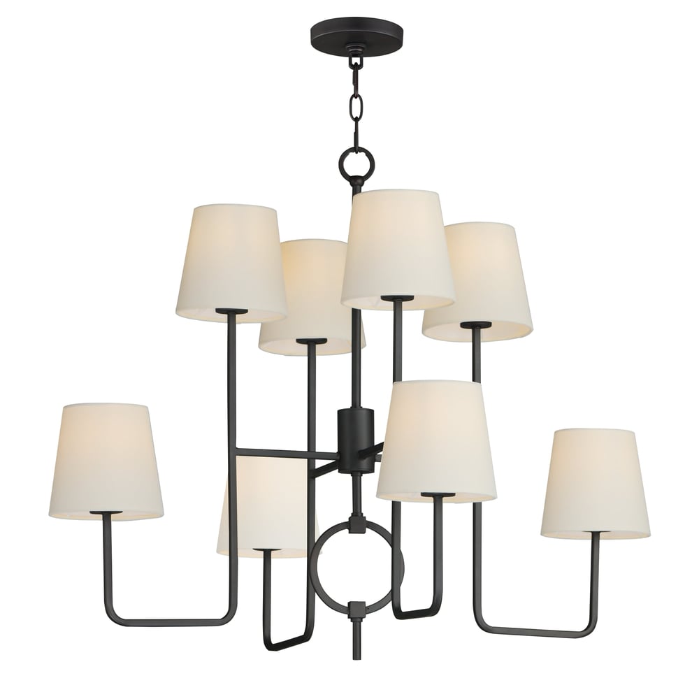 Maxim Lighting Paoli Tiered Chandelier in Charcoal Bronze finish, featuring a steel frame with linen shades, elegantly suspended in a tiered design.
