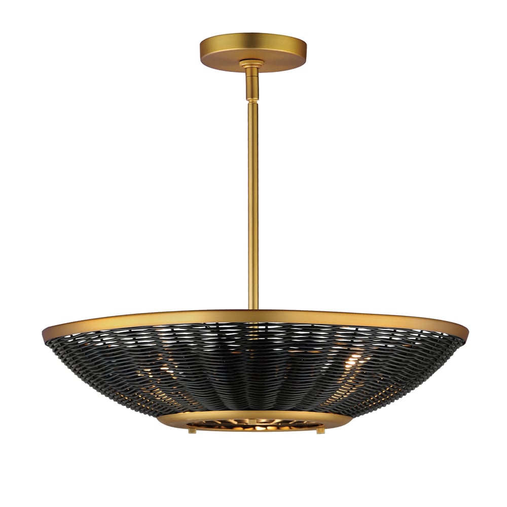 Maxim Lighting Rattan Bowl Pendant with a Natural Aged Brass finish, featuring a Steel frame, Glass diffuser, and Synthetic Rattan weave.