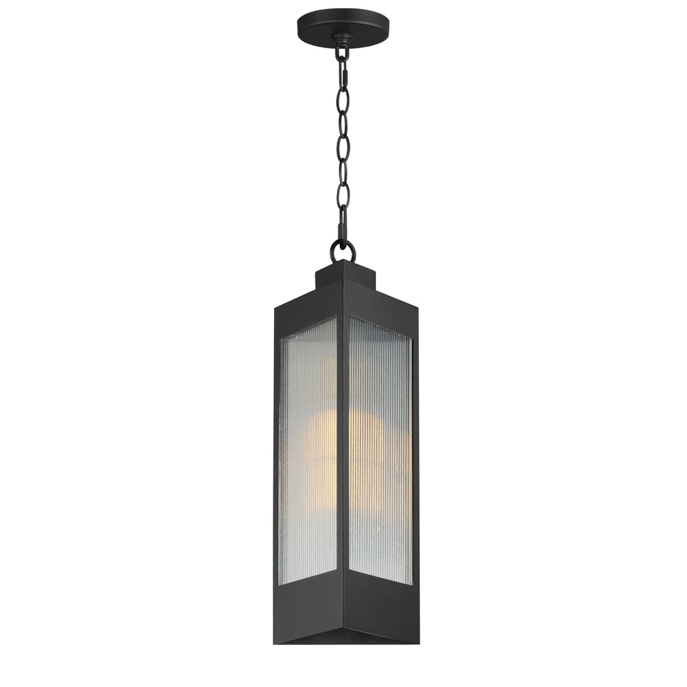 Maxim Lighting Triform Tall Outdoor Pendant in Black with Antique Brass finish, featuring an Aluminum and Glass design, hanging in an outdoor setting.