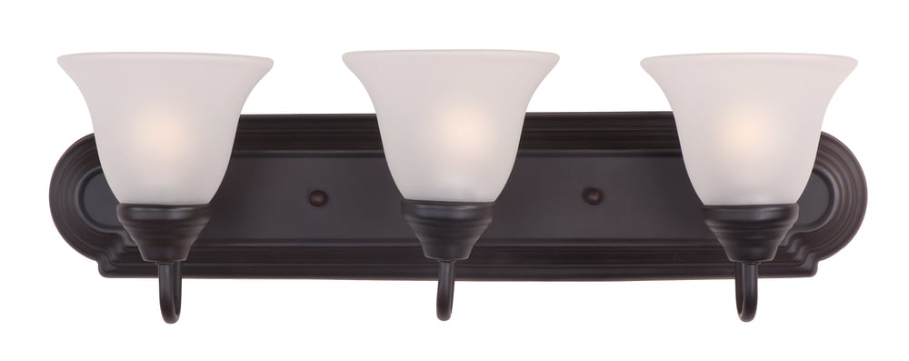 Maxim Lighting Essentials Bell Bathroom Vanity Light in Oil Rubbed Bronze finish, featuring a steel frame with bell-shaped glass shades.