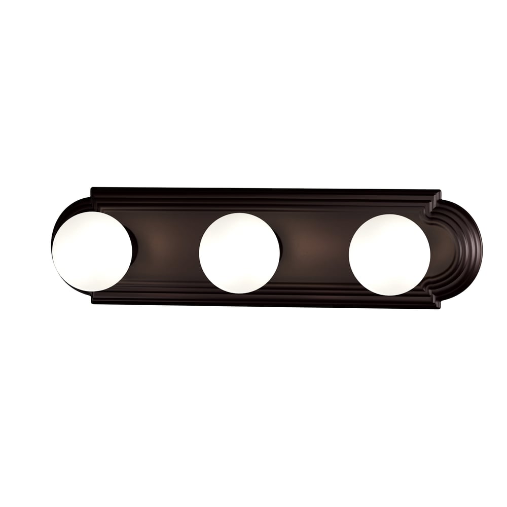 Image of Maxim Lighting's Essentials Racetrack Bathroom Vanity Light in Oil Rubbed Bronze finish, featuring a sleek steel design with three glass shades.
