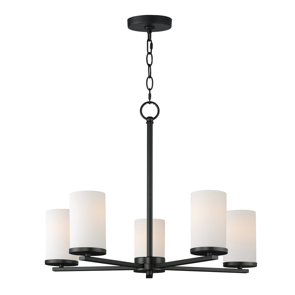 Maxim Lighting Lateral Chandelier with a sleek black finish, featuring a modern design of steel and glass elements, elegantly suspended.