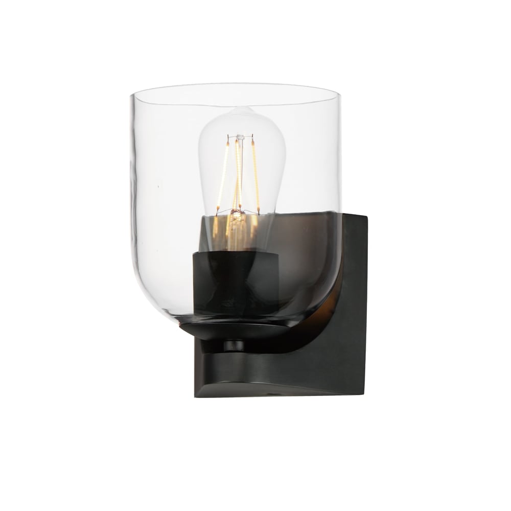 Maxim Lighting Scoop Bathroom Wall Sconce features a sleek black steel frame with a curved glass shade, providing modern elegance to any bathroom.