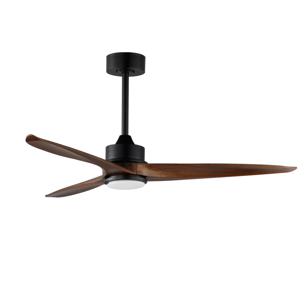 Maxim Lighting Woodwind Ceiling Fan: Solid wood blades, steel body, integrated light, black finish, modern design, ideal for contemporary spaces.