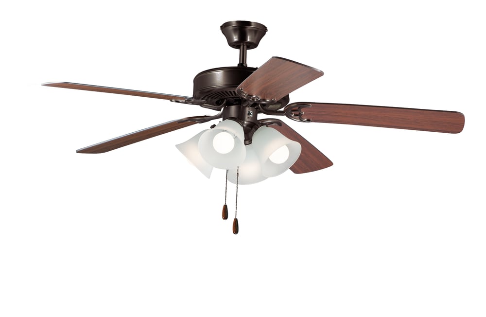 Maxim Lighting Basic-Max Indoor Ceiling Fan with Light in Oil Rubbed Bronze, Walnut, and Pecan, featuring steel and glass materials.