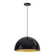 ET2 Hemisphere Pendant light in Gloss Black with Gold finish, featuring a sleek aluminum and steel design, hanging elegantly in a modern setting.