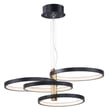 ET2 Hoopla Pendant, a modern light fixture with a sleek design, features a circular aluminum frame in black with gold accents, elegantly suspended.