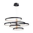 ET2 Hoopla Pendant, Aluminum, Black with Gold finish, features a modern circular design with overlapping rings, suspended from a sleek black cord.