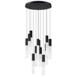 ET2 Reeds Multi-Light Pendant featuring sleek black finish with elegant steel and aluminum construction, showcasing multiple glass light fixtures.