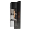 ET2 Smokestack Outdoor Wall Mount in black finish, featuring a sleek steel and glass design, mounted on a brick wall, illuminating the outdoor area.
