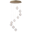 ET2 Rhythm Multi Light Pendant featuring a modern design with cascading steel and glass elements, finished in gold, creating an elegant lighting fixture.