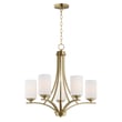 Maxim Lighting Deven Chandelier in Satin Brass finish, featuring a steel frame with elegant glass accents, hanging in a modern interior setting.