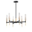 Maxim Lighting Flambeau Chandelier in Black with Antique Brass finish, featuring a steel and glass design with elegant curved arms and candle-style lights.