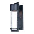 Maxim Lighting Focus LED Outdoor Wall Sconce in black aluminum finish, mounted on a wall, emits soft light, showcasing its sleek, modern design.