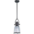 Maxim Lighting Hi-Bay Clear Pendant featuring a steel and glass design with a bronze finish, hanging from a ceiling, illuminating a modern space.