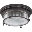 Maxim Lighting Hi-Bay Ceiling Flush Mount with a bronze finish, featuring a steel frame and glass shade, installed on a ceiling.