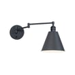 Maxim Lighting Library Swing Arm Wall Sconce in Black Steel finish, featuring an adjustable arm and sleek design, mounted on a white wall.