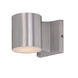 Maxim Lighting Lightray LED Round Outdoor Wall Light in Brushed Aluminum finish, mounted on a wall, emits a soft, modern glow.