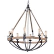 Maxim Lighting Lodge Chandelier with Weathered Oak and Bronze finish, featuring a rustic design with wood and steel elements, hanging in a cozy room.