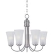 Maxim Lighting Logan Chandelier in Satin Nickel finish with steel frame and glass shades, featuring a modern and elegant design.
