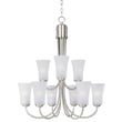 Maxim Lighting Logan Chandelier in Satin Nickel finish, featuring a sleek steel frame with glass shades, elegantly illuminating a modern space.