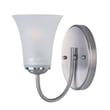 Maxim Lighting Logan Bathroom Wall Sconce in Satin Nickel finish with a sleek steel frame and frosted glass shade, mounted on a bathroom wall.